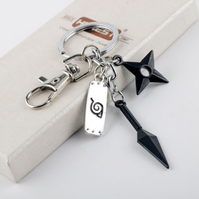 Anime Keychain Ninja Kunai Weapon Modle Keyrings Konoha Symbol Akatsuki Red Cloud Pendant Key Chains Car Bags Keyfob Trinket