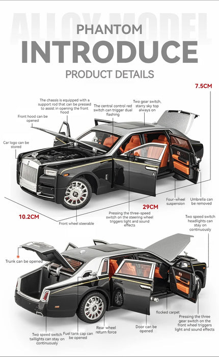 1:18 Rolls-Royce Phantom Model Car, Zinc Alloy Pull Back Toy Diecast Car with Sound and Light, Realistic Modeling Model Toy