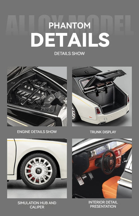1:18 Rolls-Royce Phantom Model Car, Zinc Alloy Pull Back Toy Diecast Car with Sound and Light, Realistic Modeling Model Toy