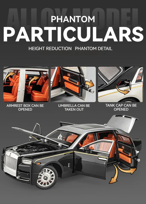 1:18 Rolls-Royce Phantom Model Car, Zinc Alloy Pull Back Toy Diecast Car with Sound and Light, Realistic Modeling Model Toy