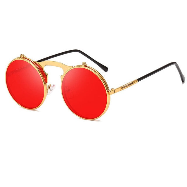 Women Men Punk Style Sunglass UV400 O7 Retro Metal Frame Round Sun Glasses Fashion Flip Up Steampunk Sunglasses