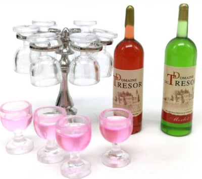 Bar Counter Miniature 1 Set Mini Wine Bottle Champagne Glass Holder Rack Dollhouse Play Kitchen Furniture Toy Accessories