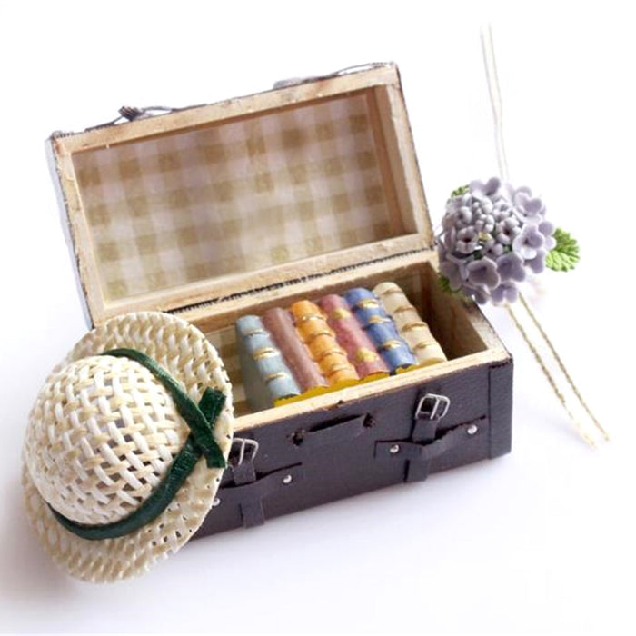 Carrying Vintage 1/12 Leather Wood Suitcase Dollhouse Miniature Luggage Classic Toys Pretend Play Furniture Toys