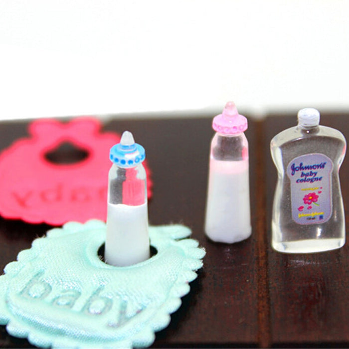 1:12 Dolls House Miniature Baby Bottles Shampoo Bibs Set