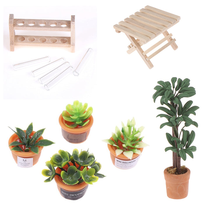 Miniature Potted Plant Pot DIY 1:12 Dollhouse Laboratory Glass Test Tubes with Wooden Rack Folding Table Furniture Toys