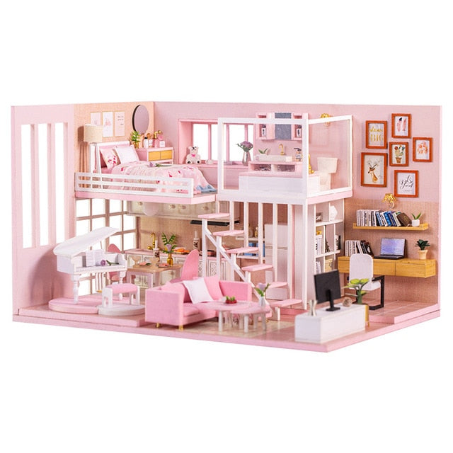Doll House Wooden Doll Houses Miniature Furniture Kit with LED Toys L023