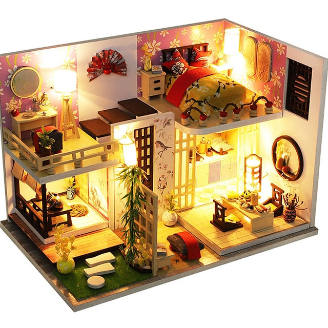 Doll House Wooden Doll Houses Miniature Furniture Kit with LED Toys L023