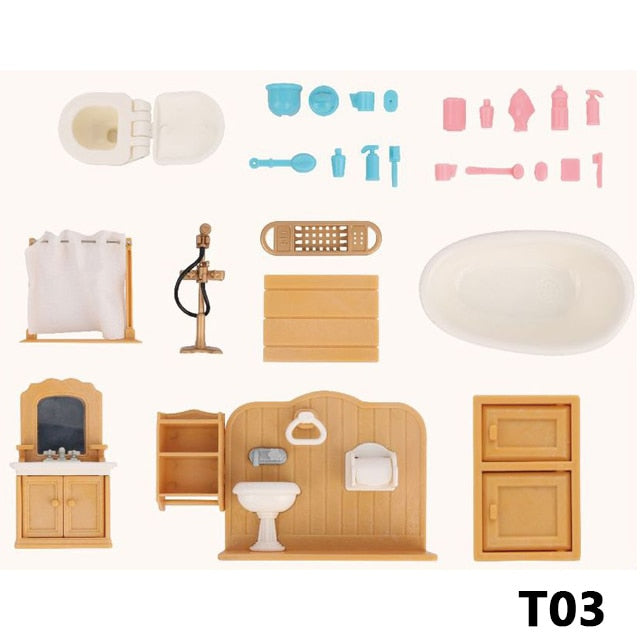 Bathroom Sets Forest Family Villa DIY Dollhouse Kids Role Play 1:12 Figures Furniture Miniature Gifts For Girls Collectible Toys