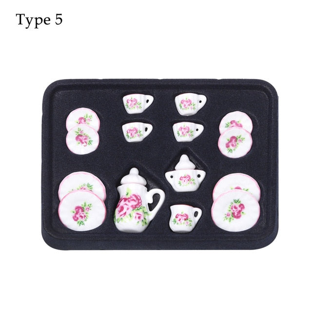 Rose Pattern Dish/Pot/Kettle 15Pcs 1:12 Tea Set European style Dollhouse Decor Miniature Furniture Cup Porcelain Tableware