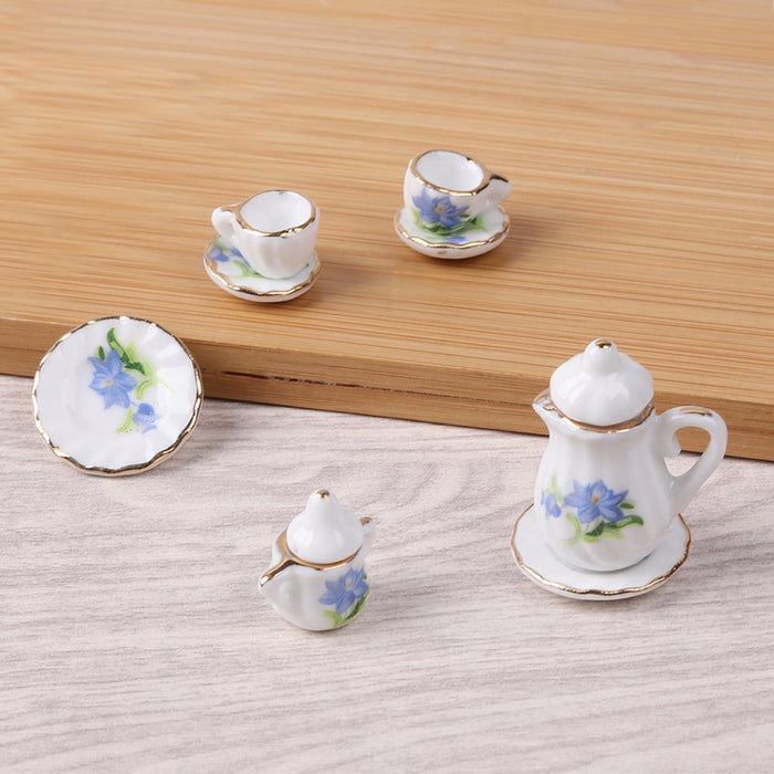 Rose Pattern Dish/Pot/Kettle 15Pcs 1:12 Tea Set European style Dollhouse Decor Miniature Furniture Cup Porcelain Tableware