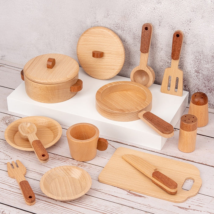 Simulation Kitchenware Miniature Log Wooden Kitchen Toy Set Pretend Play Mini Food Children's Educational Toys Gift for Kids