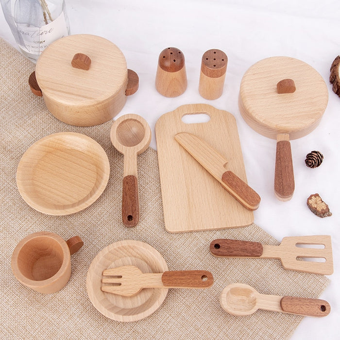 Simulation Kitchenware Miniature Log Wooden Kitchen Toy Set Pretend Play Mini Food Children's Educational Toys Gift for Kids