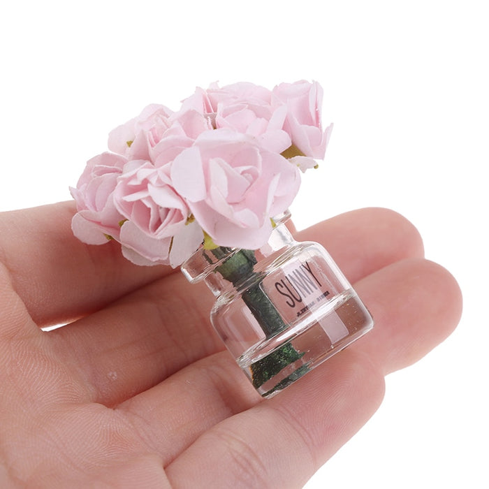 Pink Rose Glass Bottle 1/12 Flower Arrangement Home Decor Dollhouse Miniature