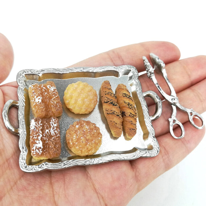 6 Breads 1:12 Cute Miniature 8Pcs/Set Silver Tray + Silver Clip Kitchen Toy Dollhouse Miniature Accessories Accessories