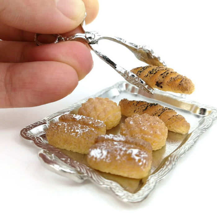 6 Breads 1:12 Cute Miniature 8Pcs/Set Silver Tray + Silver Clip Kitchen Toy Dollhouse Miniature Accessories Accessories