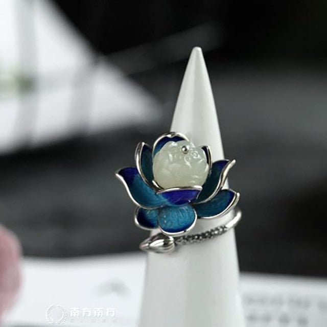 Natural Hetian jade Enamel Porcelain Lotus Canopy Open Ring Chinese Retro Designer Style original Design Silver jewelry