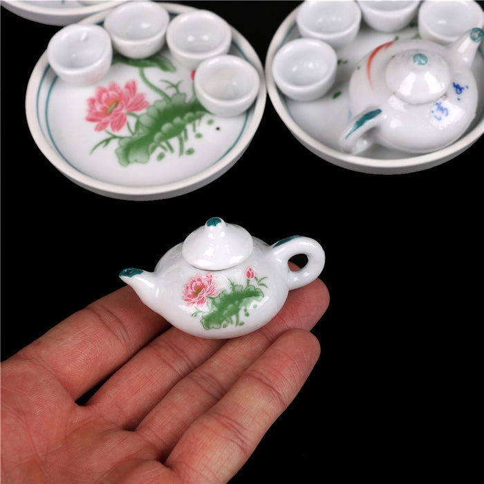 Tea pot Tea cups Round dishes Miniature 6pcs Cup plate Colorful floral print Dollhouse dinnerware porcelain tea set tableware