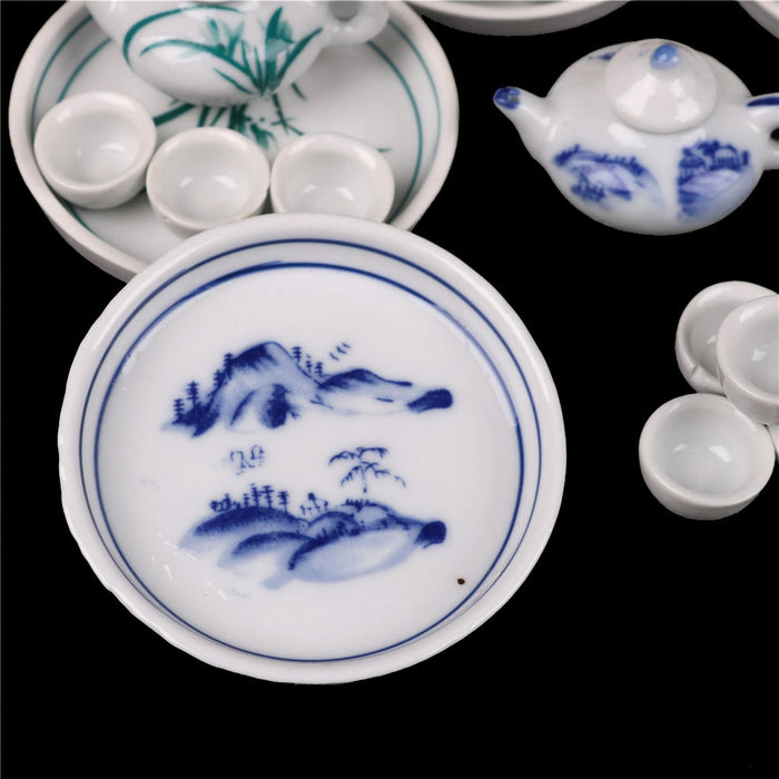 Tea pot Tea cups Round dishes Miniature 6pcs Cup plate Colorful floral print Dollhouse dinnerware porcelain tea set tableware